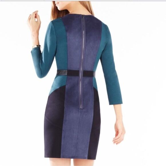 BCBGMAXAZRIA Dark Fern BEATRIZ Faux Suede Colorblock Long Sleeve Sheath Dress M - Picture 10 of 10